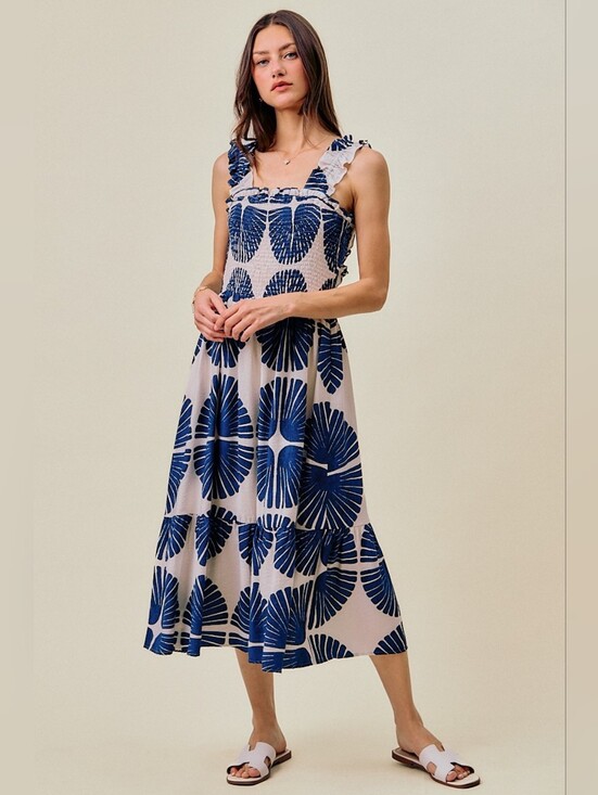 So Me Dresses & Skirts - SO ME Abstract Print Smocked Bodice Tiered Lined Midi Dress